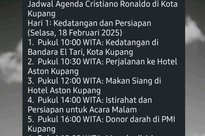 Cristiano Ronaldo menghadiri kegiatan sosial di Kupang, NTT, termasuk kunjungan ke Yayasan Graha Kasih dan donor darah di PMI Kupang.