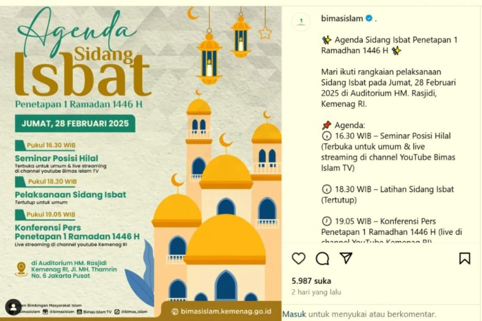 Sidang Isbat yang diselenggarakan oleh Kementerian Agama untuk menentukan 1 Ramadan 1446 H, yang dapat disaksikan oleh masyarakat melalui live streaming. (tangkapan layar instagram @bimasislam) 