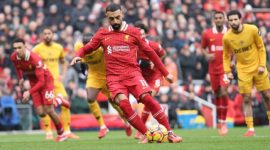 Mohamed Salah, Liverpool, membawa tim unggul 2-0 atas Wolverhampton Wanderers di pertandingan Premier League. (Liverpool FC)