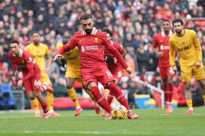 Mohamed Salah, Liverpool, membawa tim unggul 2-0 atas Wolverhampton Wanderers di pertandingan Premier League. (Liverpool FC)