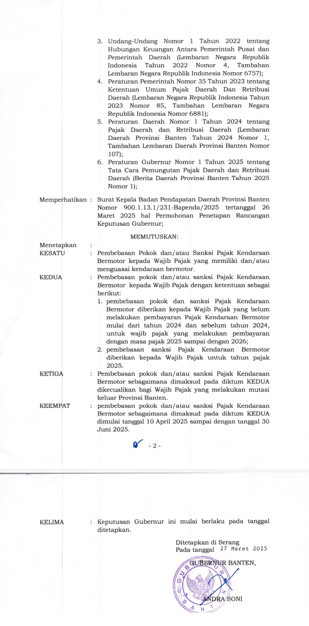 Keputusan Gubernur Banten Andra Soni terkait pemutihan pajak kendaraan bermotor