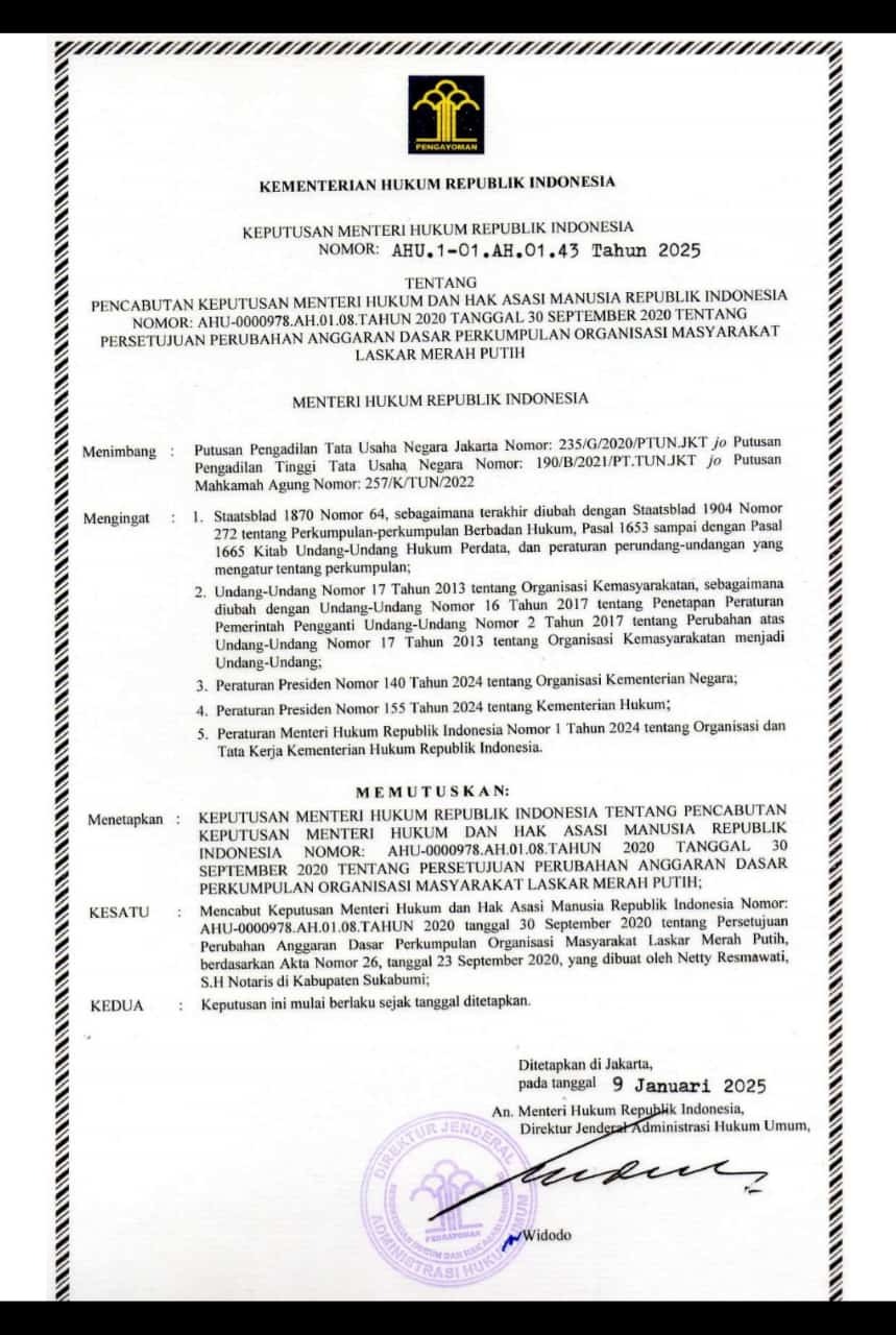 Pengakuan Negara terhadap eksistensi Laskar Merah Putih.