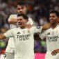 Brahim Diaz, Raul Asencio, dan Rodrygo dari Real Madrid merayakan gol kedua tim mereka dalam laga semifinal Piala Super Spanyol melawan RCD Mallorca di King Abdullah Sports City, Jeddah, Arab Saudi, pada 9 Januari 2025. (X.com/RealMadrid)