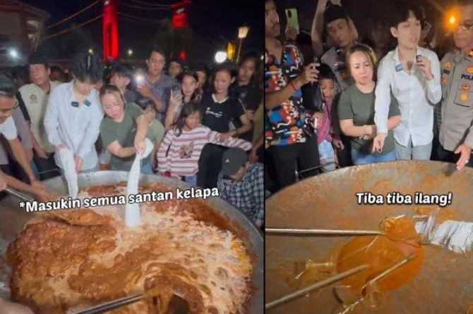 Willie Salim terkejut saat 200 kg rendang hilang saat dimasak di Palembang, meski sudah dijaga polisi. Warga mengambilnya dengan berbagai cara. (TikTok Willie Salim)