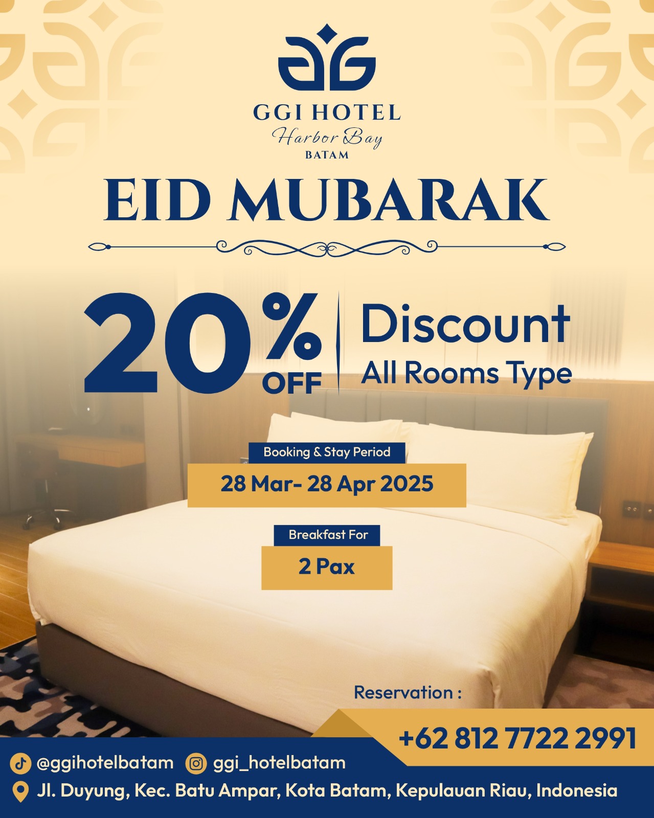 Hotel yang terdiri dari 6 lantai dengan total 155 kamar dan memiliki berbagai fasilitas yang dapat mengakomodasi tamu bisnis maupun leisure memiliki Program paket “Halal Bihalal Package & discount 20% di semua tipe kamar” dengan harga terjangkau untuk masyarakat Batam dan sekitarnya di Momen Lebaran Idul Fitri tahun ini.