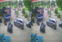 Tangkapan layar sebuah truk menyenggol sepeda motor di SPBU di kawasan Harapan Indah. (instagram/jabodetabek24info)