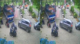 Tangkapan layar sebuah truk menyenggol sepeda motor di SPBU di kawasan Harapan Indah. (instagram/jabodetabek24info)