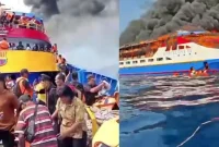 Kolase foto kebakaran KM Barcelona di perairan Talise, Kabupaten Minahasa Utara. (Foto: istimewa)