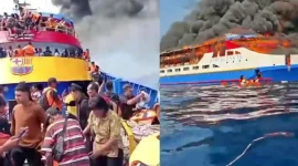 Kolase foto kebakaran KM Barcelona di perairan Talise, Kabupaten Minahasa Utara. (Foto: istimewa)