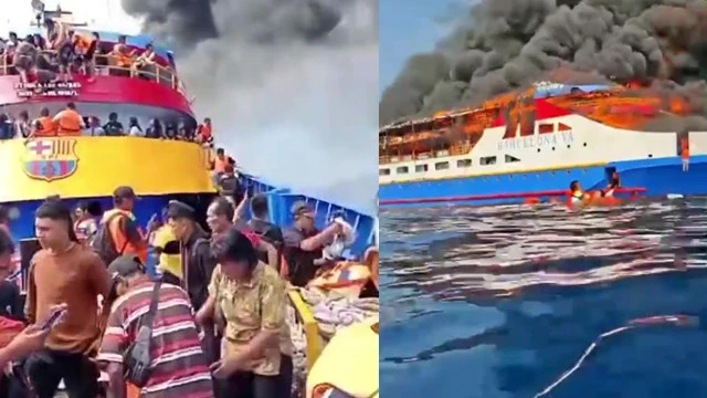 Kolase foto kebakaran KM Barcelona di perairan Talise, Kabupaten Minahasa Utara. (Foto: istimewa)