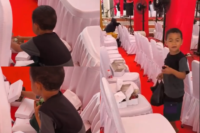 Bocah memungut sisa kue dari kotak para tamu undangan di HUT ke-80 RI. (Kolase: TikTok @kabarjalanan.id)