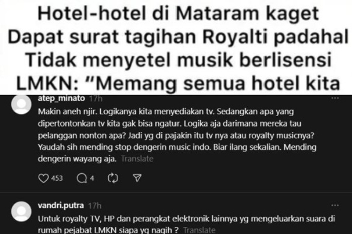 Postingan Threads akun @satya.dharma77 yang menyoroti dugaan penagihan royalti musik oleh LMKN kepada pengusaha hotel di Mataram, NTB.