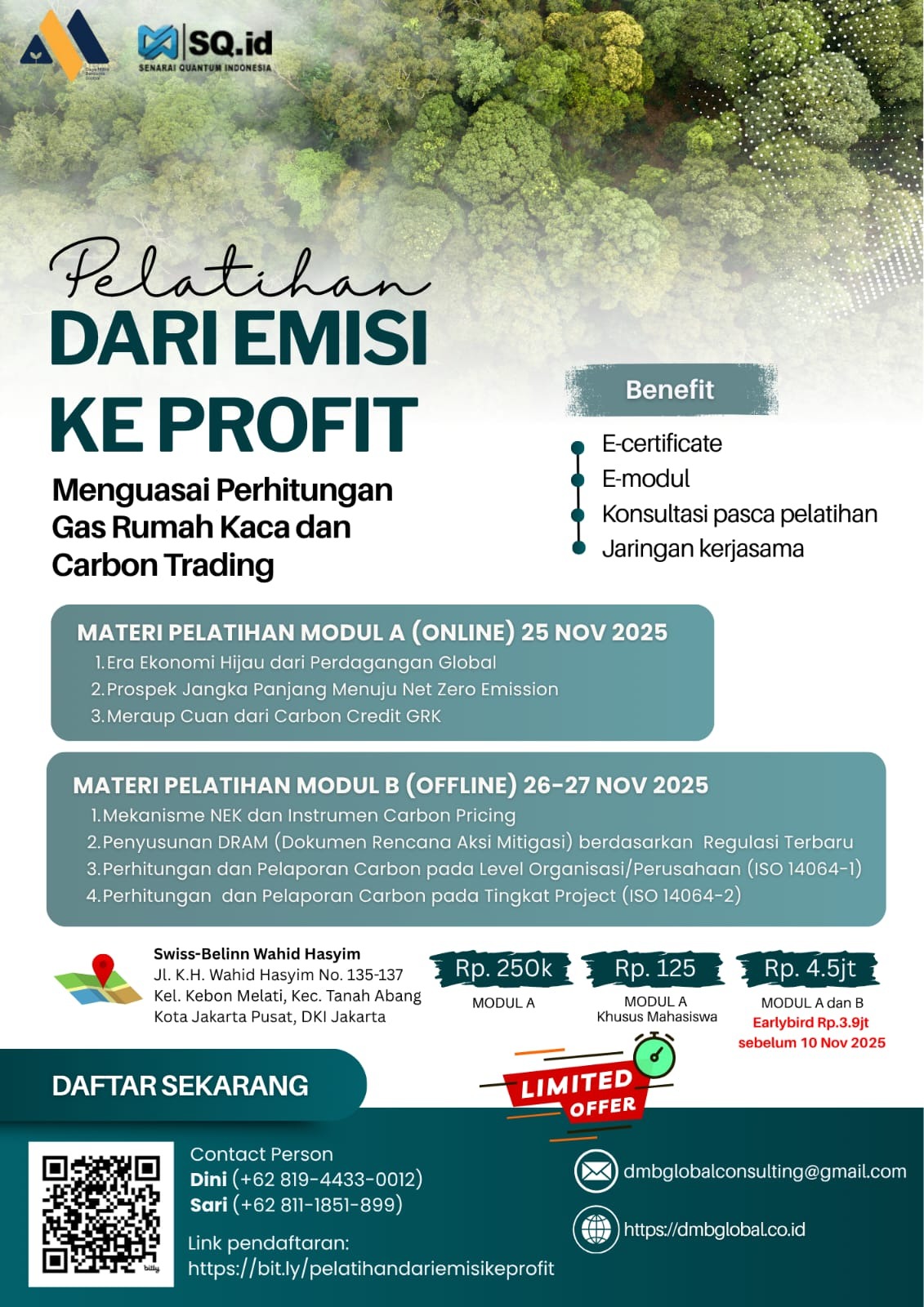 Pelatihan “Dari Emisi ke Profit” membekali peserta dengan pengetahuan teknis perhitungan emisi GRK, penyusunan DRAM, serta strategi carbon trading berbasis ISO 14064. Diselenggarakan 25–27 November 2025 secara online dan offline di Jakarta dengan manfaat sertifikat, e-modul, dan jejaring profesional.