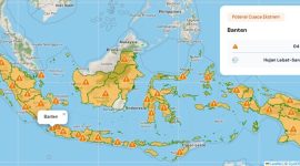 Peta BMKG menunjukkan Banten masuk zona waspada cuaca ekstrem pada 4 Desember 2025, dengan potensi hujan lebat hingga sangat lebat.