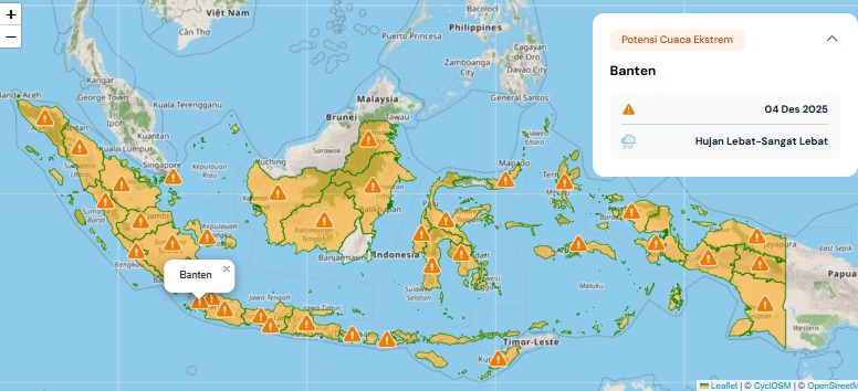 Peta BMKG menunjukkan Banten masuk zona waspada cuaca ekstrem pada 4 Desember 2025, dengan potensi hujan lebat hingga sangat lebat.