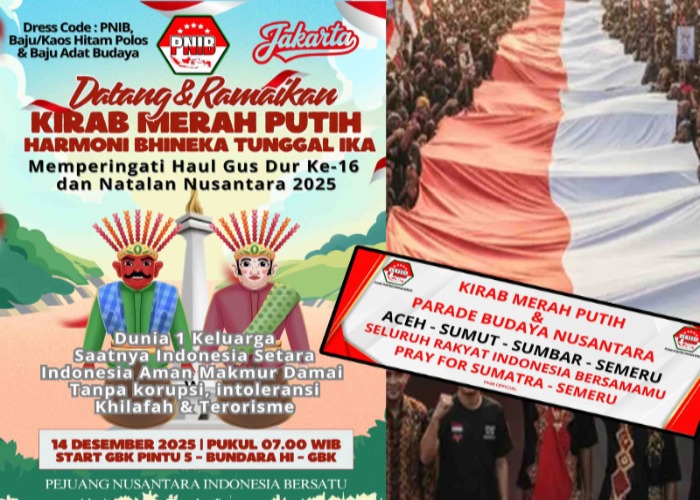 Kirab Merah Putih PNIB 14 Desember 2025: Pesan Ketum Gus Wal soal solidaritas bencana, pelestarian lingkungan, dan semangat kebangsaan anti-radikalisme, juga merayakan Haul Gus Dur. (Foto: Metrosiar)