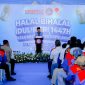 Kapolri Jenderal Listyo Sigit Prabowo saat memberikan sambutan pada kegiatan halal bihalal Idulfitri 1447 H KSPSI AGN di kawasan industri Cikupa, Kabupaten Tangerang.
