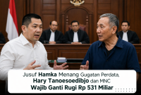 “Jusuf Hamka (kanan) berbincang dengan Hary Tanoesoedibjo (kiri) dalam suasana persidangan, terkait putusan gugatan perdata yang berujung kewajiban ganti rugi sebesar Rp 531 miliar.”