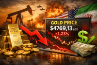 Harga emas dunia turun 1,23% ke level US$ 4.769,13 per troy ons di tengah penguatan dolar AS dan lonjakan harga minyak.