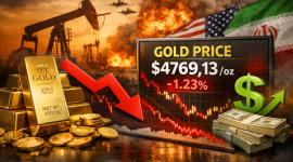 Harga emas dunia turun 1,23% ke level US$ 4.769,13 per troy ons di tengah penguatan dolar AS dan lonjakan harga minyak.