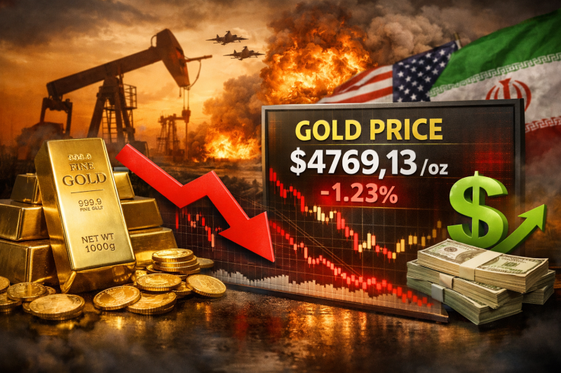 Harga emas dunia turun 1,23% ke level US$ 4.769,13 per troy ons di tengah penguatan dolar AS dan lonjakan harga minyak.