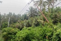 Tiang listrik yang tampak miring di wilayah Pamolongan, Desa Salassa, dikeluhkan warga karena dinilai membahayakan pengguna jalan dan rawan roboh sewaktu-waktu.