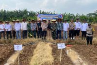 Kapolsek Pasar Kemis AKP Humaedi, S.H. (tengah) bersama Danramil Pasar Kemis Mayor Sidik Afriansah dan unsur pemerintah serta kelompok tani berfoto usai kegiatan penanaman jagung serentak di Desa Sukamantri.