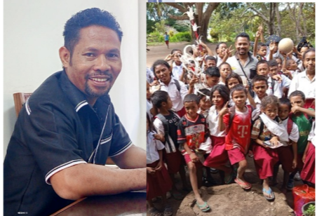 Sekretaris Fraksi Golkar DPRD Ngada, Sain Songkares bersama Siswa/Siswi SD. (Foto: Elfrat Frans Dhena).