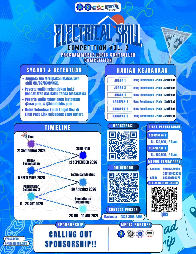 Poster Acara Electrical Skill Competition Vol. 2 PNM Buka Kompetisi PLC untuk Mahasiswa.