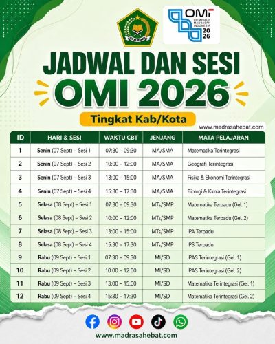 Tabel infografis jadwal pelaksanaan OMI 2026 tingkat Kab/Kota berbasis CBT dari tanggal 7 hingga 9 September 2026 untuk tingkat MA, MTs, dan MI.