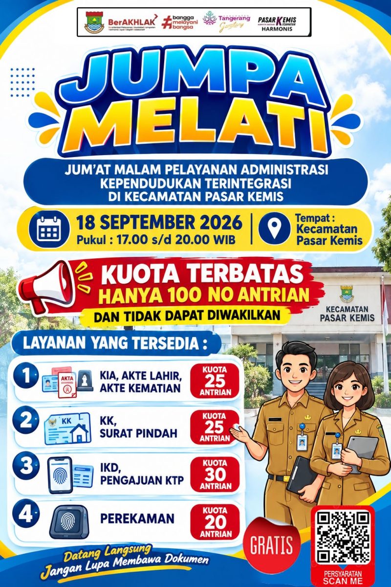 Informasi program JUMPA MELATI, layanan administrasi kependudukan malam hari di Kecamatan Pasar Kemis.