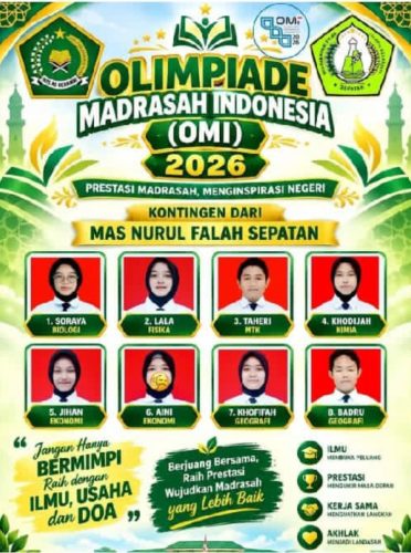 Poster digital bernuansa hijau emas berisi foto dan nama-nama 8 siswa kontingen MAS Nurul Falah Sepatan beserta cabang mata pelajaran OMI 2026.