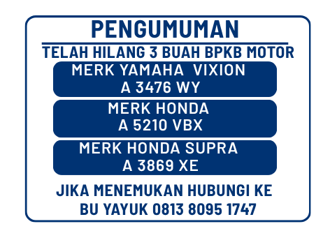 pengumuman kehilangan BPKB Motor.