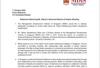 siaran pers resmi dari Management Development Institute of Singapore (MDIS) tertanggal 1 Oktober 2025 yang membahas status pendidikan Gibran Rakabuming Raka.