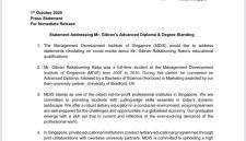 siaran pers resmi dari Management Development Institute of Singapore (MDIS) tertanggal 1 Oktober 2025 yang membahas status pendidikan Gibran Rakabuming Raka.