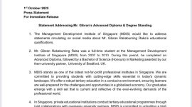siaran pers resmi dari Management Development Institute of Singapore (MDIS) tertanggal 1 Oktober 2025 yang membahas status pendidikan Gibran Rakabuming Raka.