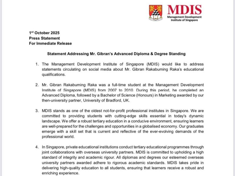 siaran pers resmi dari Management Development Institute of Singapore (MDIS) tertanggal 1 Oktober 2025 yang membahas status pendidikan Gibran Rakabuming Raka.