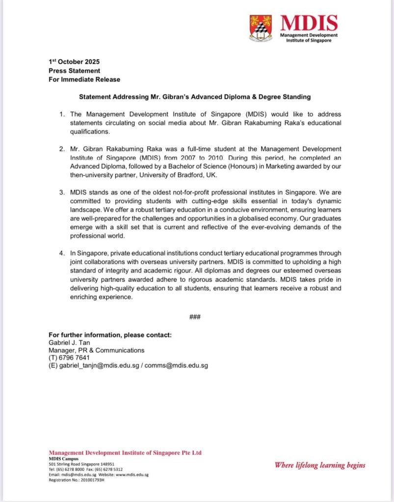siaran pers resmi dari Management Development Institute of Singapore (MDIS) tertanggal 1 Oktober 2025 yang membahas status pendidikan Gibran Rakabuming Raka.